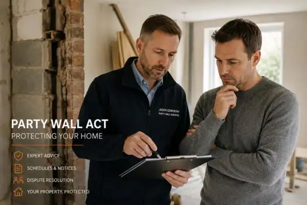 Party wall surveyor Derby discussing extension plans with homeowner outside a UK semi-detached house.